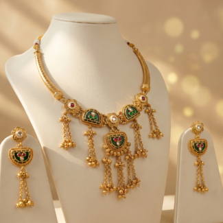Antique Gold Emerald Meenakari Tassel Necklace Set
