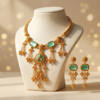 Antique Gold Mint Green Chandrika Tassel Necklace Set