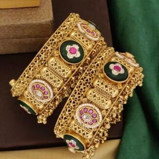 Antique Heritage Brass Bangles with Stones - Traditional Handcrafted Kada