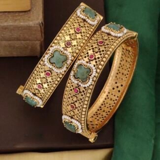 Antique Heritage Brass Bangles with Stones - Traditional Handcrafted Kada