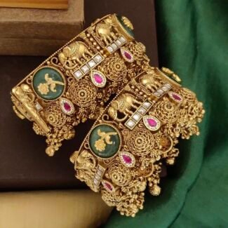 Antique Heritage Brass Bangles with Stones - Traditional Handcrafted Kada