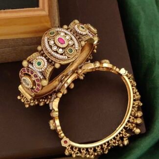 Antique Heritage Brass Bangles with Stones - Traditional Handcrafted Kada
