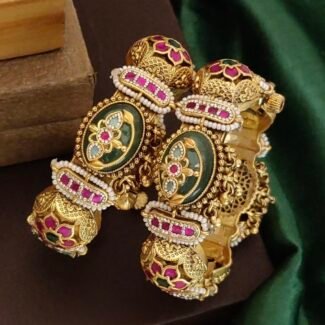 Antique Heritage Brass Bangles with Stones - Traditional Handcrafted Kada