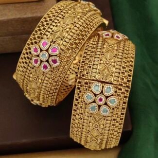 Antique Heritage Brass Bangles with Stones - Traditional Handcrafted Kada