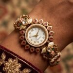 Antique gold ruby drop pearl bracelet watch for women and girls