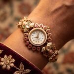Antique gold ruby pearl meenakari oval bracelet watch for women and girls