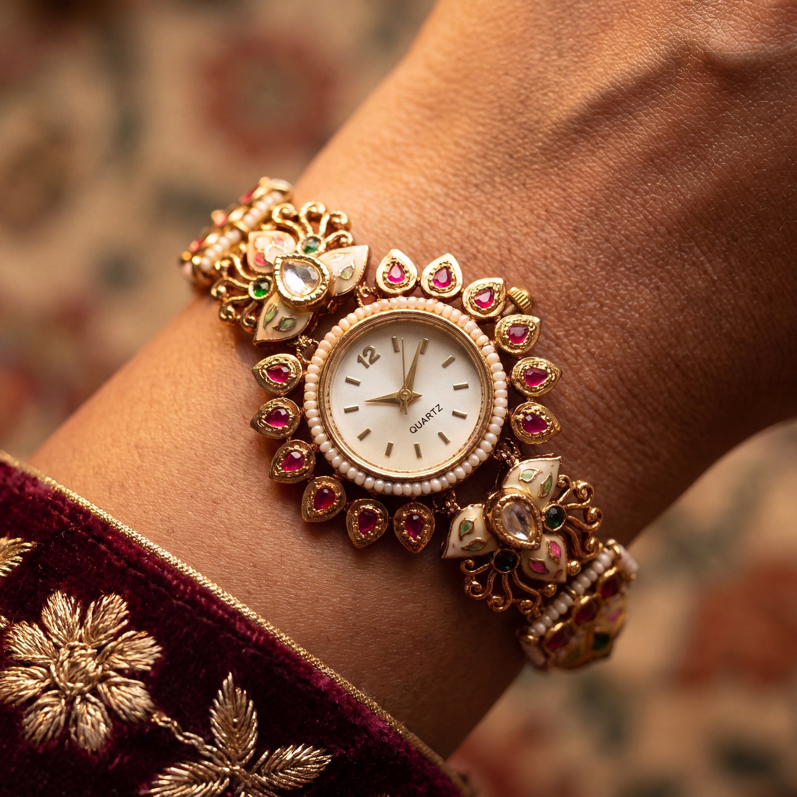 Antique gold ruby pearl meenakari oval bracelet watch for women and girls