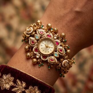 Antique gold ruby emerald ghungroo statement bracelet watch for women and girls