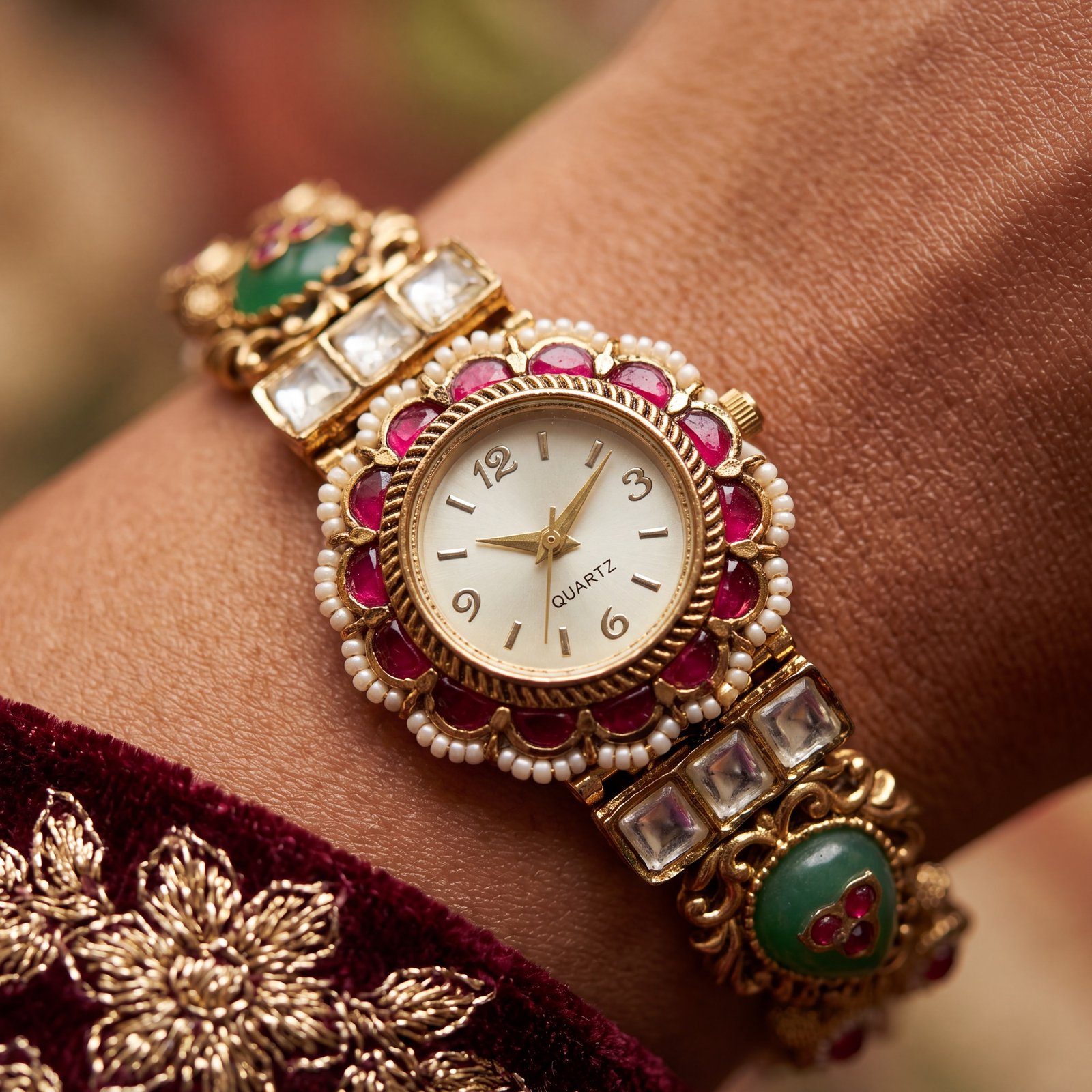 Antique gold ruby petal pearl kundan bracelet watch for women and girls
