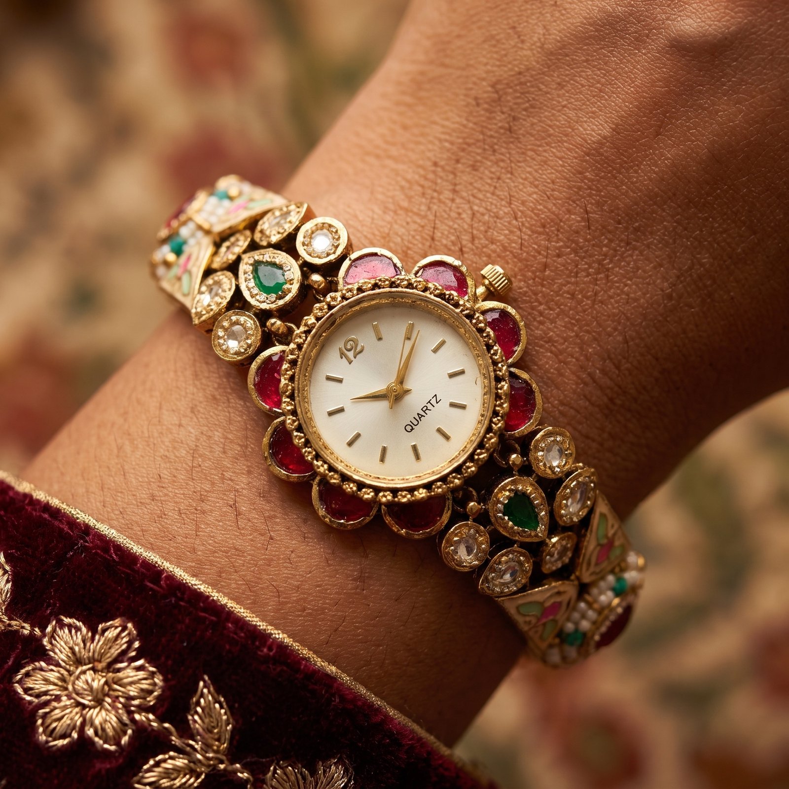 Antique gold ruby emerald kundan oval bracelet watch for women and girls