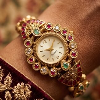 Antique gold ruby emerald kundan fan bracelet watch for women and girls