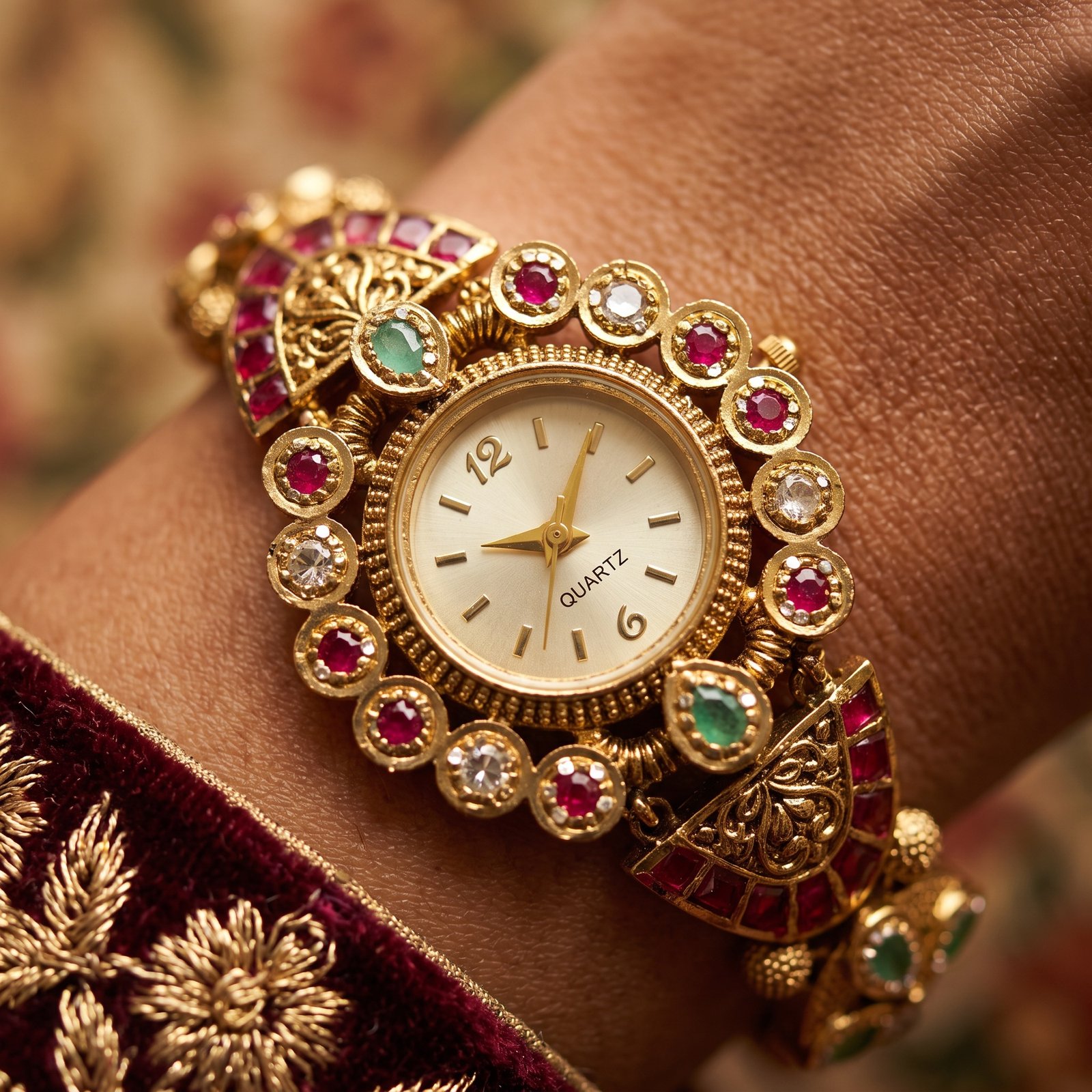 Antique gold ruby emerald kundan fan bracelet watch for women and girls