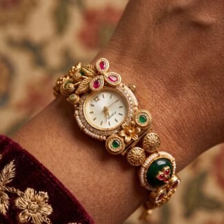 Antique Gold Emerald Ruby Pearl Bracelet Watch for Women & Girls - BelleVogue