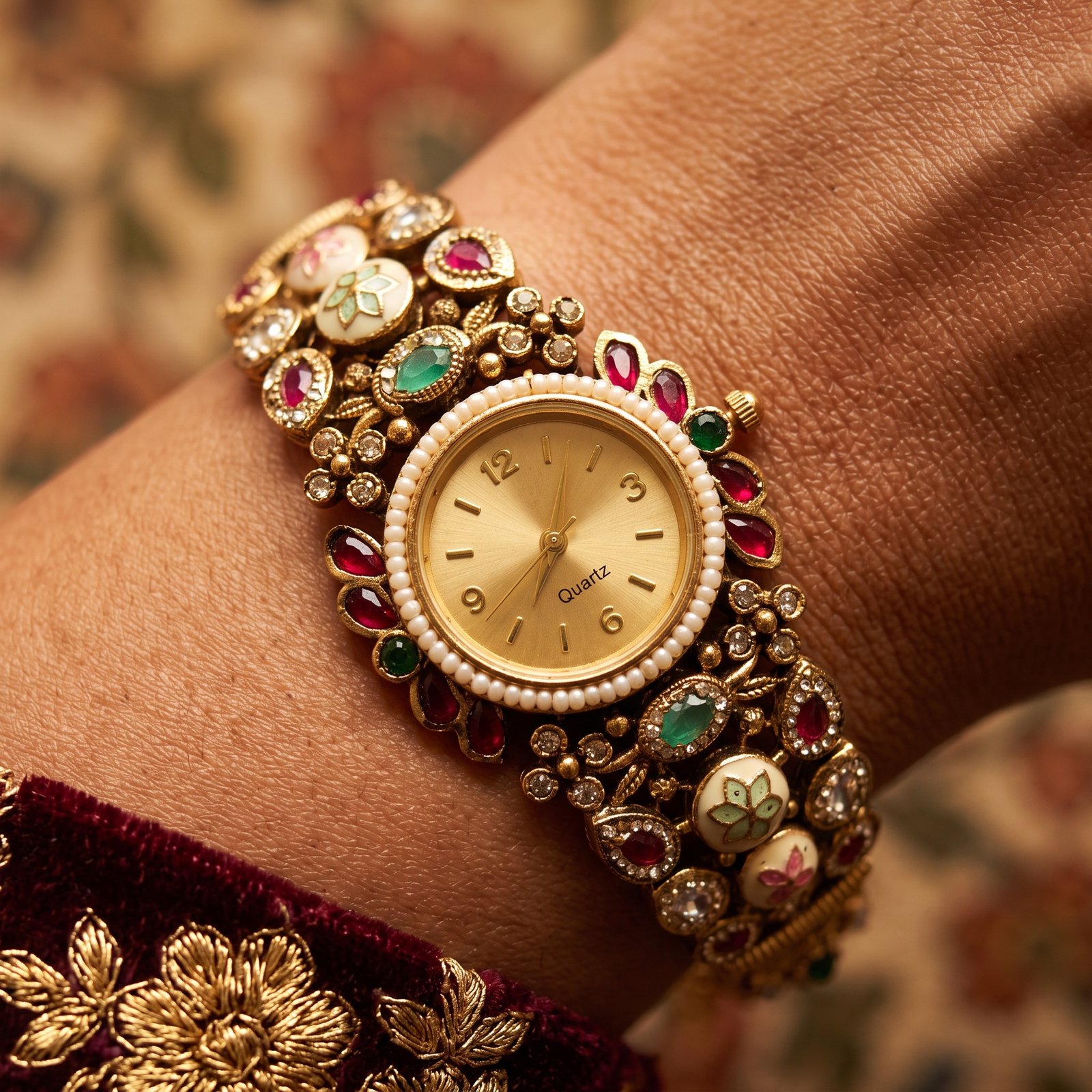 Antique Gold Ruby Emerald Meenakari Bracelet Watch for Women & Girls - BelleVogue