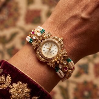 Antique gold pearl emerald kundan bridal bracelet watch for women and girls