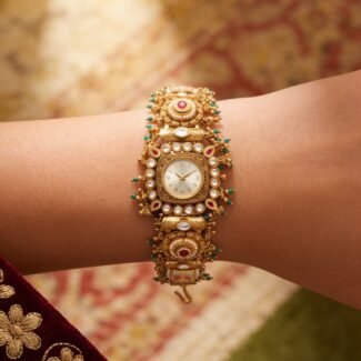 Antique Gold Kundan Ruby Square Bracelet Watch for Women & Girls - BelleVogue