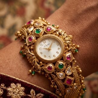 Antique Gold Ruby Emerald Kundan Peacock Bracelet Watch for Women & Girls - BelleVogue