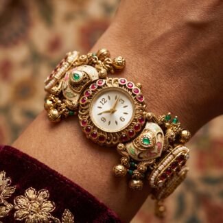 Antique Gold Ruby Meenakari Ghungroo Bracelet Watch for Women & Girls - BelleVogue