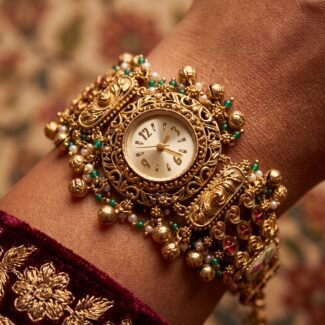 Antique Gold Ghungroo Pearl Temple Bracelet Watch for Women & Girls - BelleVogue