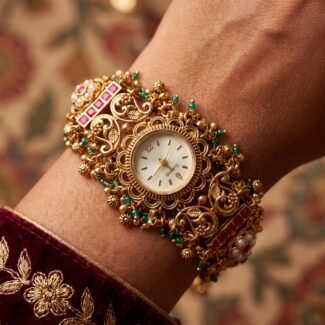Antique Gold Ruby Kundan Pearl Jali Bracelet Watch for Women & Girls - BelleVogue
