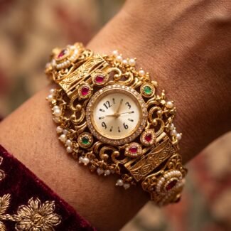 Antique Gold Ruby Emerald Pearl Bracelet Watch for Women & Girls - BelleVogue