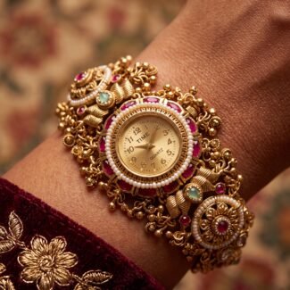 Antique Gold Ruby Pearl Emerald Statement Bracelet Watch for Women & Girls - BelleVogue