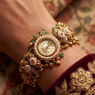 Antique Gold Ruby Pearl Rosette Bracelet Watch for Women & Girls - BelleVogue