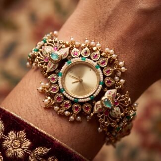 Antique gold ruby meenakari pearl jadau bracelet watch for women and girls