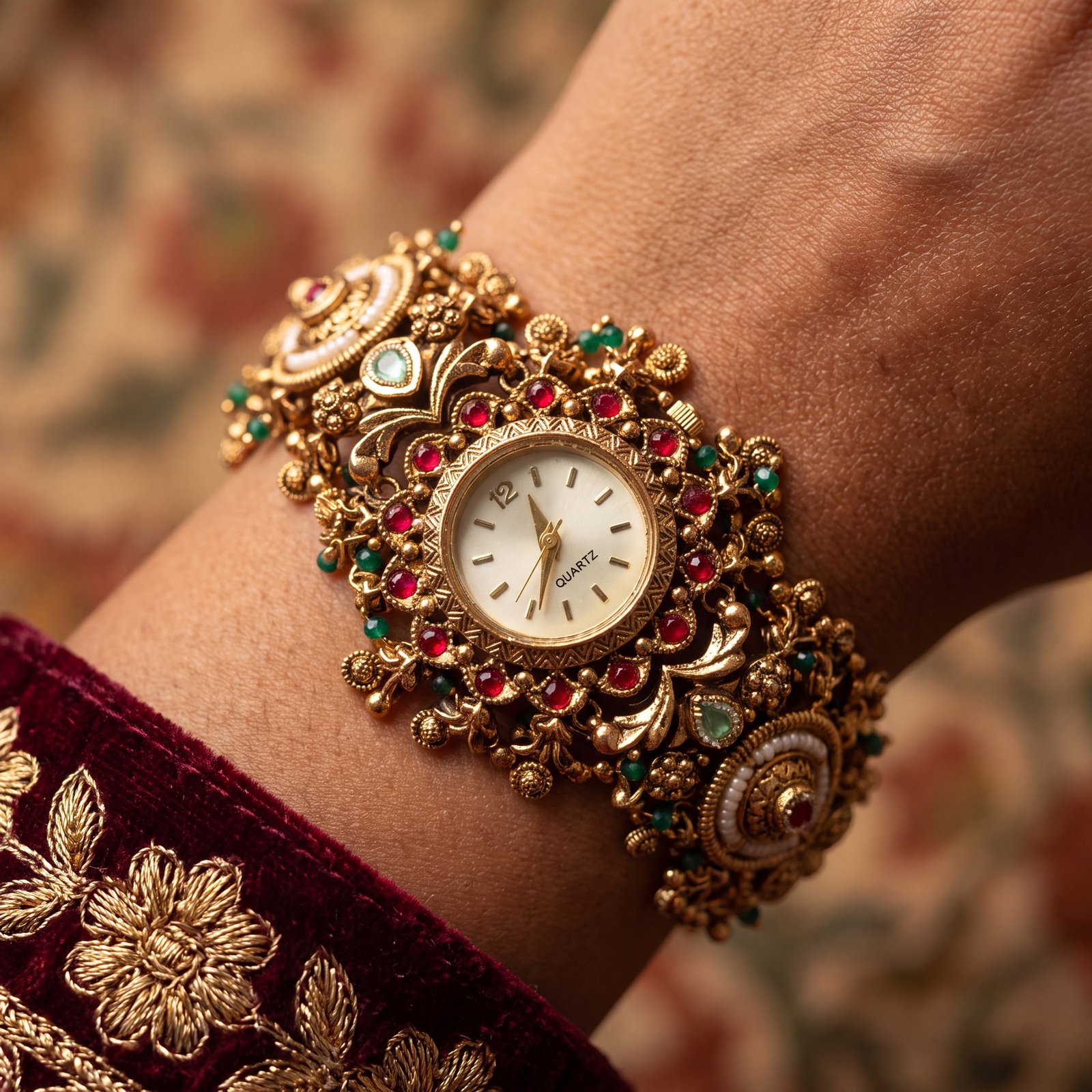 Antique Gold Ruby Emerald Pearl Leaf Bracelet Watch for Women & Girls - BelleVogue