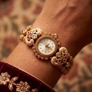 Antique gold ivory meenakari ruby emerald bracelet watch for women and girls