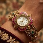 Antique gold ruby cushion emerald kundan bracelet watch for women and girls