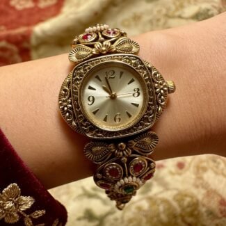 Engraved antique gold ruby kundan bracelet watch for women and girls