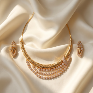 Layered Collar CZ Necklace Set with Earrings – Gold Plated American Diamond