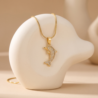 Gold Crystal Dolphin Pendant Necklace with Snake Chain