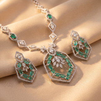 Geometric Green Stone Statement Necklace Set – Silver Tone