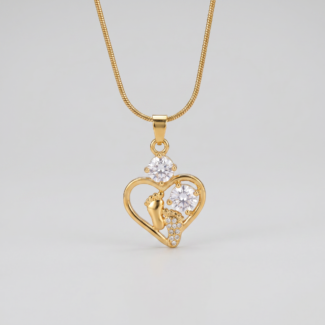 Gold Baby Feet Heart Pendant Necklace with Crystals