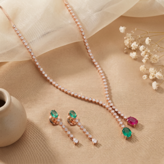 Rose Gold American Diamond Lariat Necklace Set with Emerald Green & Ruby Pink Stones