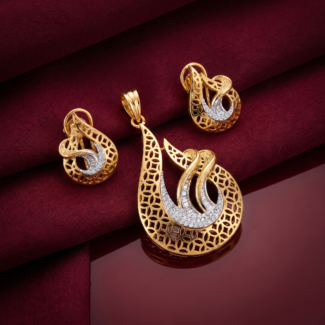 Gold-Plated Filigree Paisley Pendant Set with American Diamond Accents