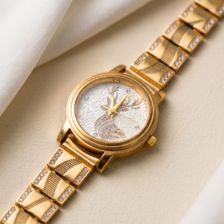 Ivory Dial Gold-Tone Ladies Watch with Embossed Stag and Sparkle Bracelet