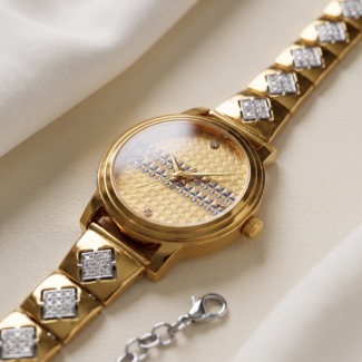 Gold-Tone Geometric Dial Ladies Watch with Blue Accents and Square CZ Links