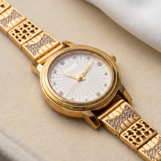 Gold-Tone Ladies Watch with Dotted Spiral Dial and CZ Openwork Bracelet