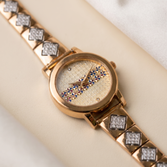 Rose Gold Ladies Watch with Blue and Ruby Accent Dial and Square CZ Links