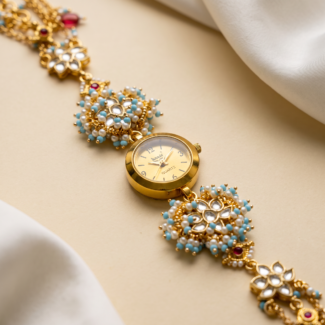 Women's Gold-Plated Kundan Bracelet Watch with Gold Dial, Tassel Drops & Ruby, Pink, Turquoise Stones For Women & Girls | Stylish Watch | Wrist Watches For Girls | Ideal For Gifting | Gift For Diwali, Christmas, Marriage, Birthday, Anniversary, Wedding