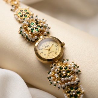 Women's Gold-Plated Kundan Bracelet Watch with Gold Dial, Round Case & Green, Kundan, Pearl Stones For Women & Girls | Stylish Watch | Wrist Watches For Girls | Ideal For Gifting | Gift For Diwali, Christmas, Marriage, Birthday, Anniversary, Wedding