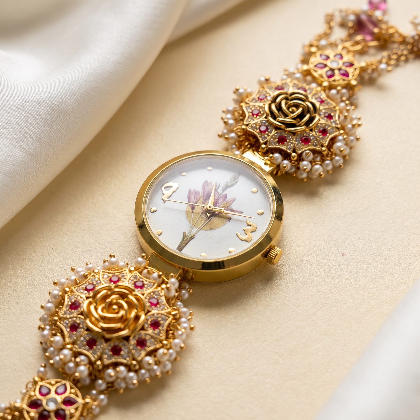 Pearl & Stone Bracelet Watch for Women - White Dial