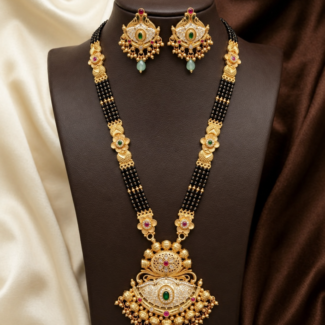 Premium Kundan Black Beaded Mangalsutra Necklace Set with Matching Earrings – Bridal Jewellery