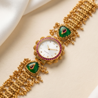 Women's Antique Gold Bracelet Watch with White Dial, Heart Stones & Ruby, Green Stones For Women & Girls | Stylish Watch | Wrist Watches For Girls | Ideal For Gifting | Gift For Diwali, Christmas, Marriage, Birthday, Anniversary, Wedding