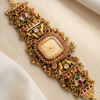 Royal Floral Kundan Gold Bracelet Watch for Women