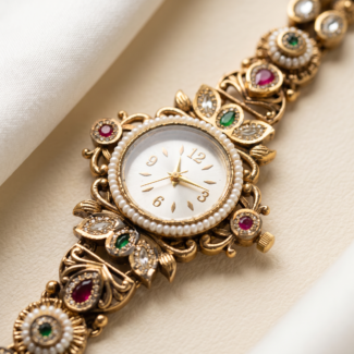 Women's Antique Gold Kundan Bracelet Watch with White Dial, Rosettes & Ruby, Green, Kundan Stones For Women & Girls | Stylish Watch | Wrist Watches For Girls | Ideal For Gifting | Gift For Diwali, Christmas, Marriage, Birthday, Anniversary, Wedding