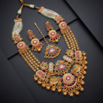 Antique Gold Bridal Rani Haar Necklace Set with Earrings & Maang Tikka – Royal Blue Meenakari Kundan
